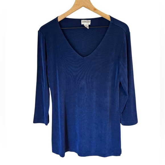 Chicos Travelers Royal Blue Long Sleeve Stretchy Knit V-Neck Tunic Size M - Picture 1 of 5
